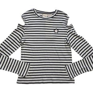Girls Manguun Top Gray White Stripe‎ Ribbed Knit Cold Shoulder Sz Large NEW